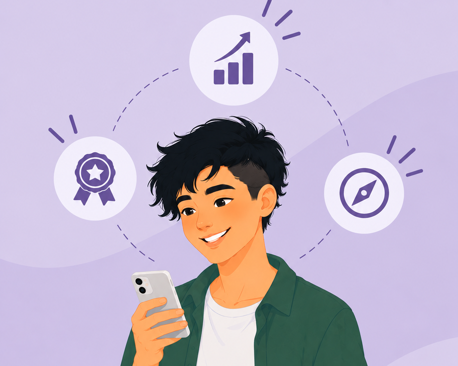 Das Bild zeigt einen Studenten und verschiedene Icons, die für den App Fortschritt stehen
