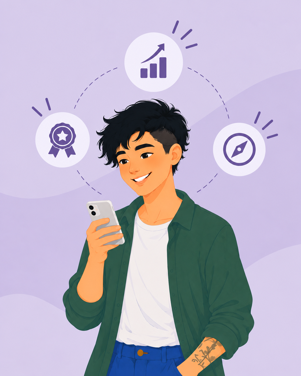 Das Bild zeigt einen Studenten und verschiedene Icons, die für den App Fortschritt stehen