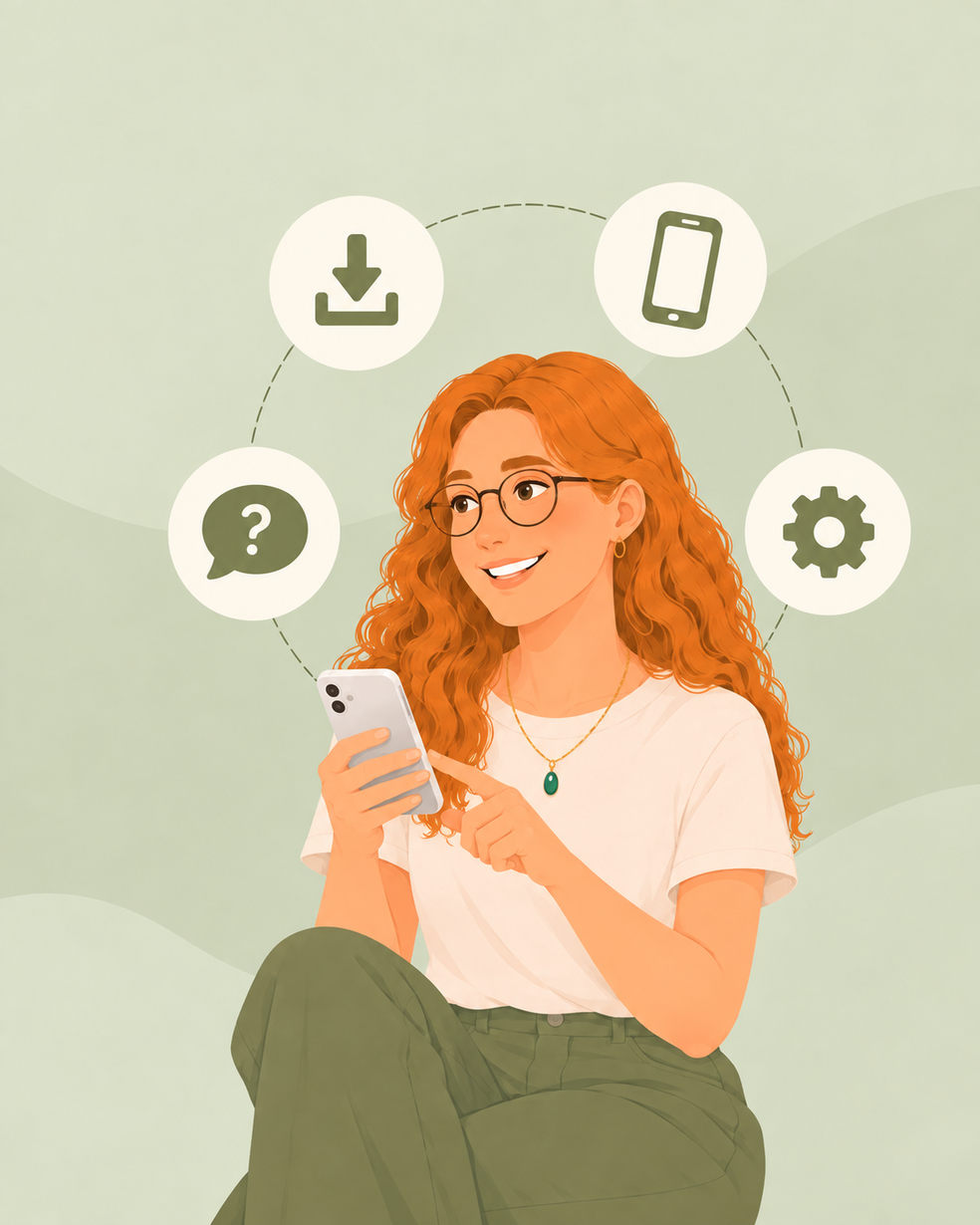 Eine Frau mit roten Haaren hält ein Smartphone und lächelt, umgeben von Symbolen für Download, App, Frage und Einstellungen.
