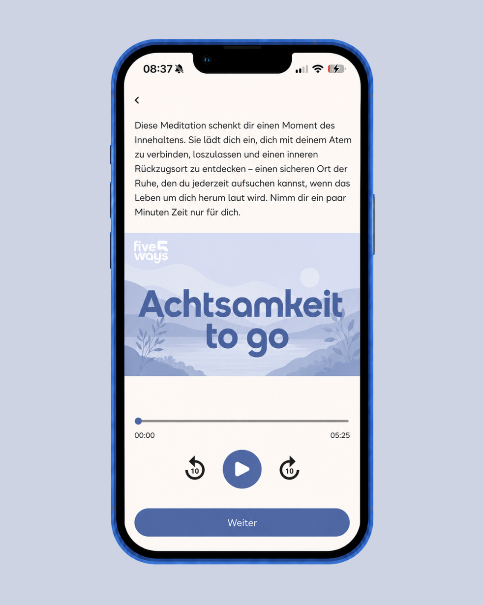 Handybildschirm zeigt Meditationstext und Audio-Player für Achtsamkeitsübung mit Laufzeitanzeige und Steuerungsknöpfen.