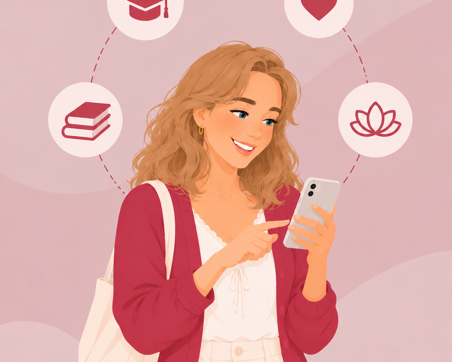 Eine lächelnde Person mit Handy hält eine Tasche und wird von Symbolen wie Herz, Lotusblüte, Abschlussmütze und Büchern umgeben.