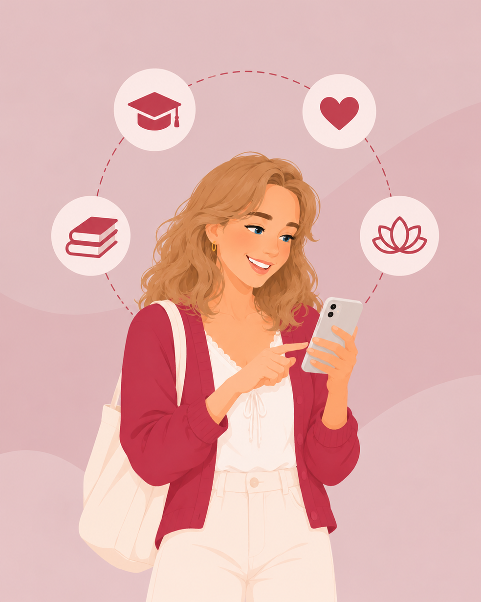 Eine lächelnde Person mit Handy hält eine Tasche und wird von Symbolen wie Herz, Lotusblüte, Abschlussmütze und Büchern umgeben.